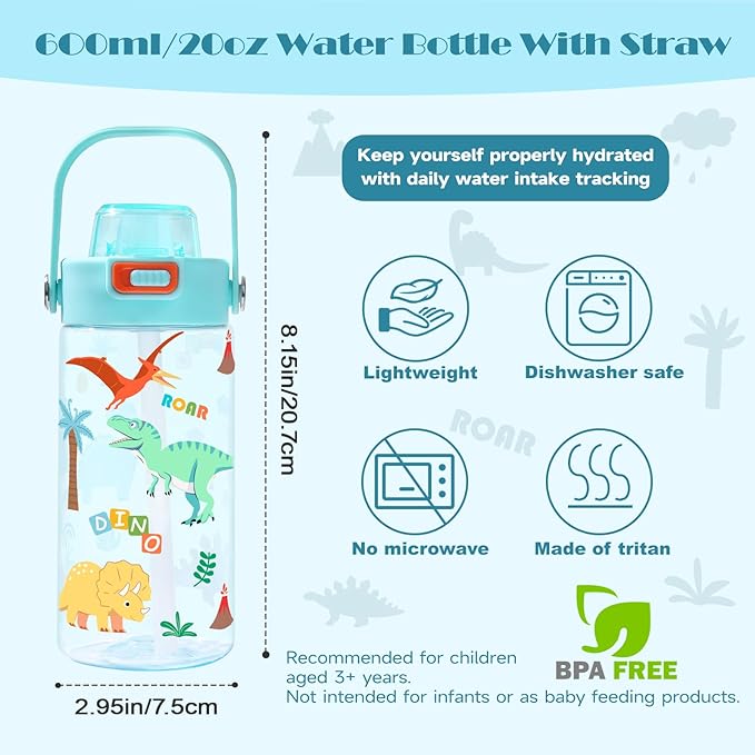 Queenshin Kids Dinosaur Water Bottle 20oz BPA Free Tritan Boys Girls School Outdoor Sports Leak Proof Water Cup with Straw Lid Handle Pop-Up Spout Cover