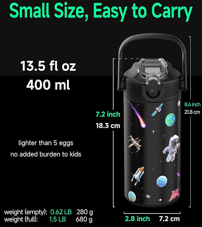 MYFOREST 14oz/400ml Insulated Kids Water Bottle, Odor-Free Surgical Grade Liner, Dishwasher-Safe, Name Spot, Soft Sipper, Gift for Astrophile (Black. Space)
