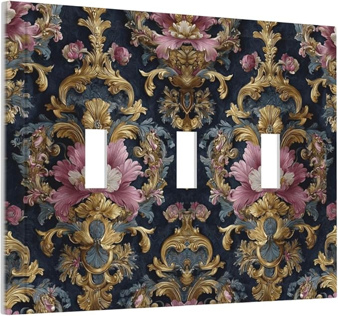 Decorative Light Switch Cover Plate Rococo Pink Floral Flower Gold Leaf 3 Gang Wall Plates for Electrical Outlets Triple Toggle Switch Plate Covers Outlet Covers Faceplate for Home Decor