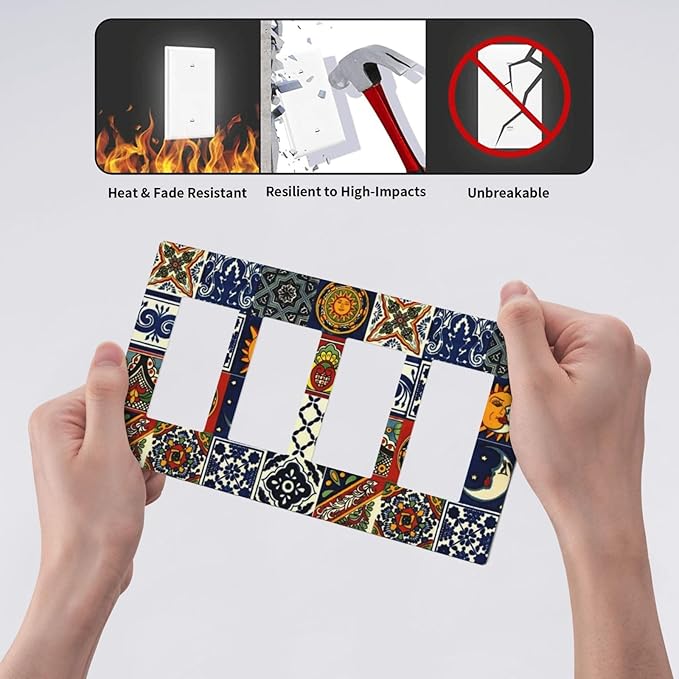 Boho Moroccan Mandala Mexican Tiles 4 Gang Quad Rocker Light Switch Cover Decorative Quadruple Device GFCI/Decorator Wall Plate Electric Faceplate Screwless