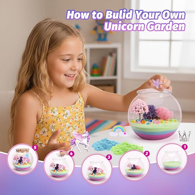 Unicorn Light-Up Terrarium Kit for Kids - Multicolor LED Night Light Birthday Gifts - Unicorn Toys for Girls Ages 4-6 7 8 9 10 Year Old - Kids Arts and Crafts Kit, Easter Ideal Gifts