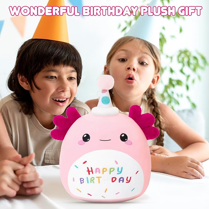 SQEQE Happy Birthday Axolotl Plush Axolotl Stuffed Animal Toy Pink Birthday Plushies Home Decor for Girls Boys Kids（8Inch