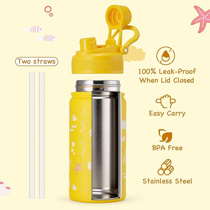 Fijinhom 12 oz Kids Water Bottle, 2-in-1 Stainless Steel Vacuum Insulated Water Bottle for Toddler, Leak Proof Spout & Straw, Double Wall Thermal Flask for Boys&Girls, School, Outdoor, Travel (Ocean)
