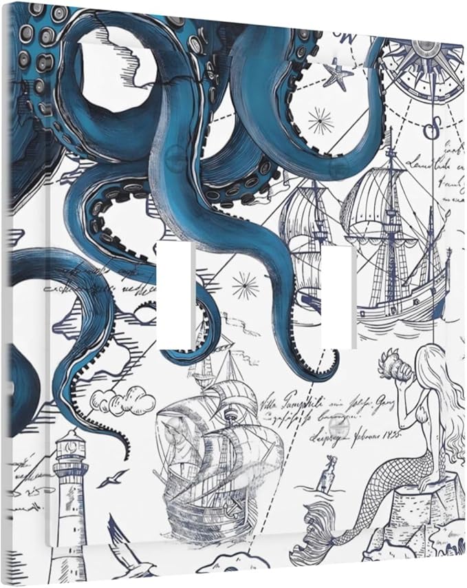 Nautical Vintage Map Octopus Mermaid Lighthouse Boat Decorative Switch Plates 2 Gang Double Toggle Outlet Light Switch Cover Wall Plate Electrical Faceplate for Bathroom Kids Room Decor