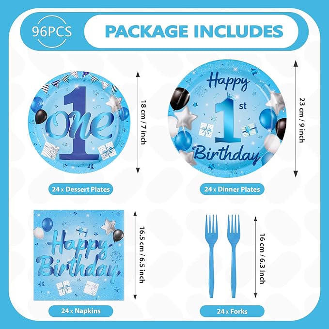 96Pcs Blue 1st Birthday Party Decorations Mr Onederful Plates and Napkins Baby Boy Happy Birthday Tableware Set Supplies for One Year Old Baby Shower Holiday Party Favors Serves 24
