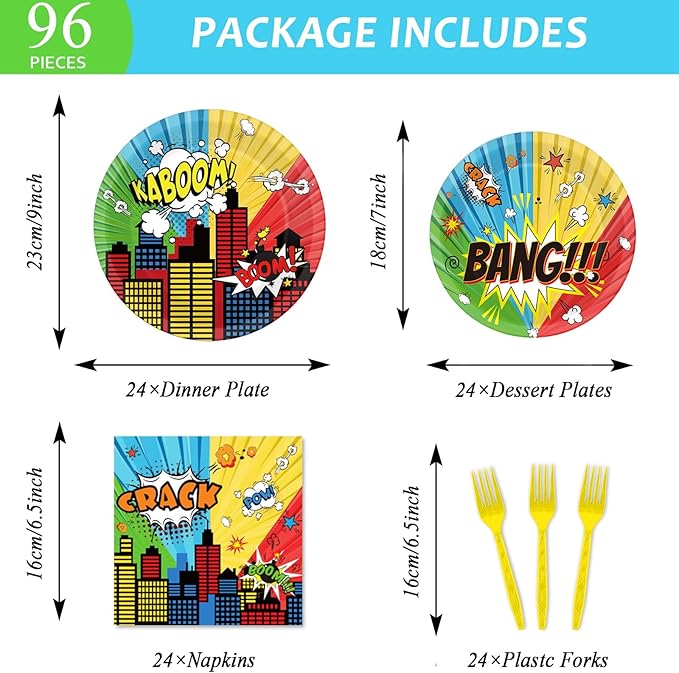 gisgfim 96 Pcs Super Theme Hero Party Plates and Napkins Party Supplies Hero Themed Party Tableware Set Hero Action Disposable Decorations Favors for Birthday Baby Shower for 24 Guests