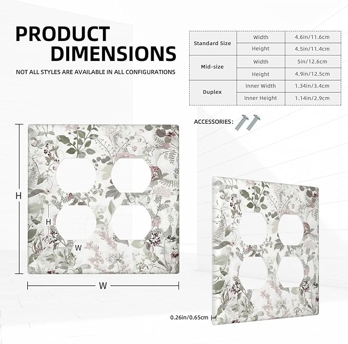 Boho Floral Leaf Vintage Watercolor Flower Outlet Covers 2 Gang Double Duplex Decorative Light Switch Covers Electrical Wallplates Socket Faceplate for Farmhouse Bedroom Decor
