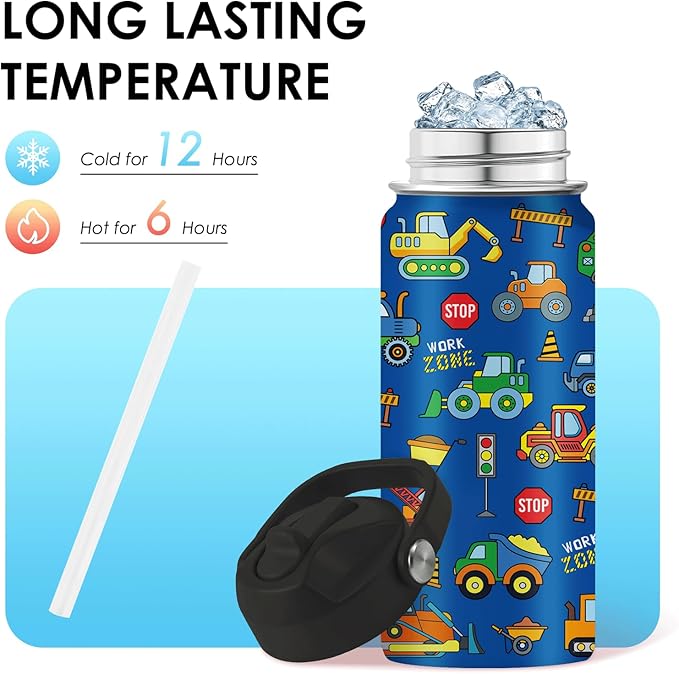 Construction Gifts for Men & Women - 16 Oz Water Bottle with Straw Lid, Stainless Steel Insulated Tumbler, Leak Proof, BPA-Free, for Boys, Travel - Truck Lovers Teen Birthday Gifts Cups(1pc)