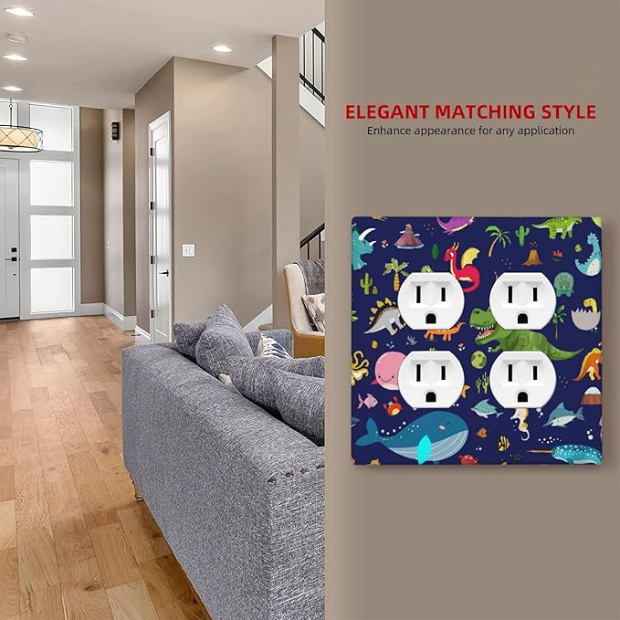 Cartoon Nursery Animal Whale Dolphin Starfish 2-Gang Device Duplex Wall Plate, Funny Cool Blue/Green Dinosaur Decorative Two Gang Double Duplex Receptacle Socket Outlet and Light Switch Cover Plate