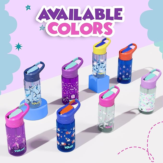 YOLAY 15oz Kids Water Bottle For School Boys and Girls, Durable Toddler Water Bottle with Straw Lid Leak-Proof, Spill Proof, Easy Clean and Dishwasher Safe with Re-Usable and BPA Free - Princess
