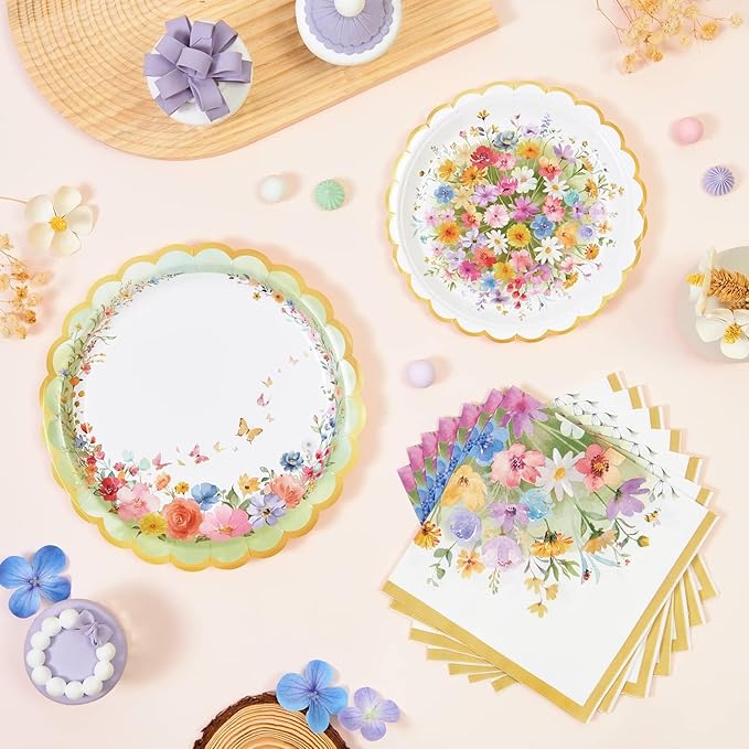 WERNNSAI Wildflower Party Decorations - 48PCS Floral Plates and Napkins Wildflower Tableware Set Spring Floral Party Supplies for Kids Girls Birthday Baby Shower Picnic Wedding Serves 16 Guests