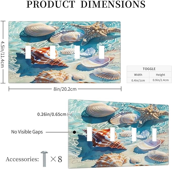 Light Switch Covers Ocean Waves Starfish Conch Scallop Shell Quad Toggle Electrical Faceplate 4 Gang Wall Plate Decorative Switch Plates For Kids Room Nursery Decor