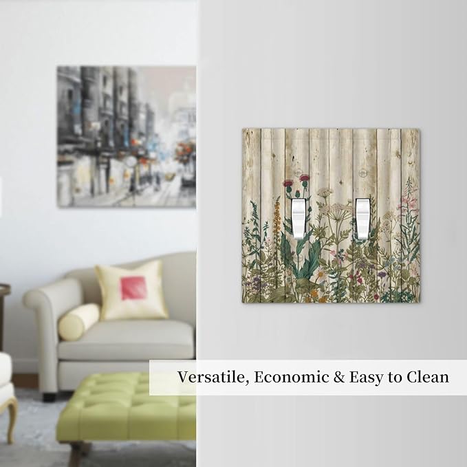 Vintage Wild Flowers Botanical Green Leaves Plants Double Toggle Light Switch Covers Decorative Rustic Wood Plank 2 Gang Wall Plate Dual Electrical Faceplate Switchplate for Farmhouse Bathroom