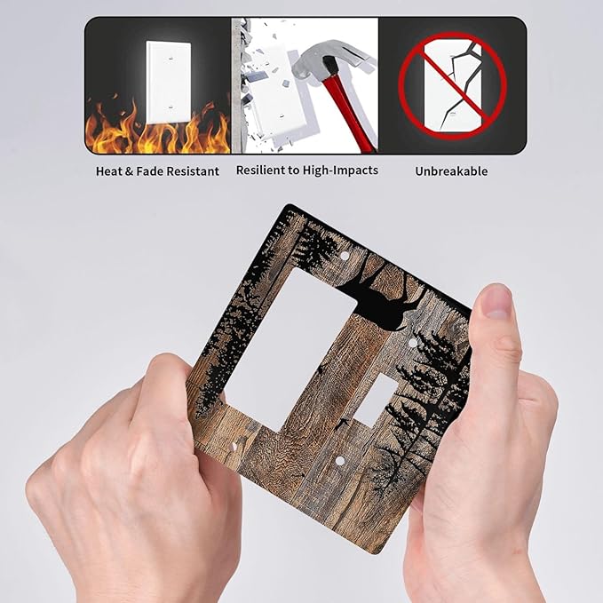 Outlet Covers Rustic Forest Antler Elk Deer Silhouettes Animals Wood Grain 1 Toggle 1 Rocker Combination Decorative Wall Plate Light Switch Cover Plate Electrical Switch Plates for Farmhouse