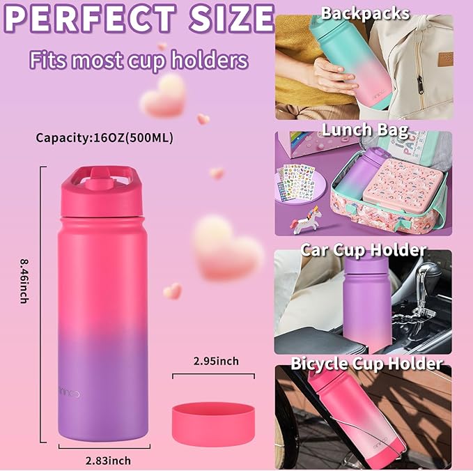 Mininoo Girls Water Bottle for School, 16oz Stainless Steel Insulated Metal Water Bottle with Straw Lid for Boys (Punch/Purple)