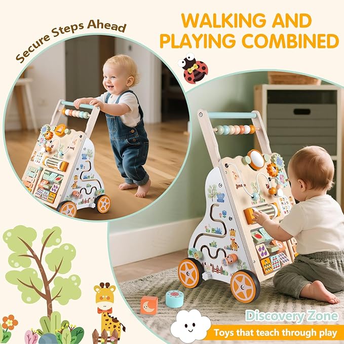 Wooden Baby Walker with Wheels, Push Walker with Baby Activity Center, Montessori Walking Toy for Girls Boys, Adjustable Speed & Height Activity Toy for Toddler Learning to Walk 12+ Months (Natural)
