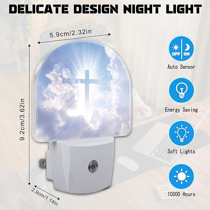 Shining Cross on Blue Sky Night Light for Kids,Christian Cross and Clouds Plug in Night Light with Dusk to Dawn Sensor, 0.5w Energy Saving Nightlight for Hallway Stairway Kitchen Bedroom