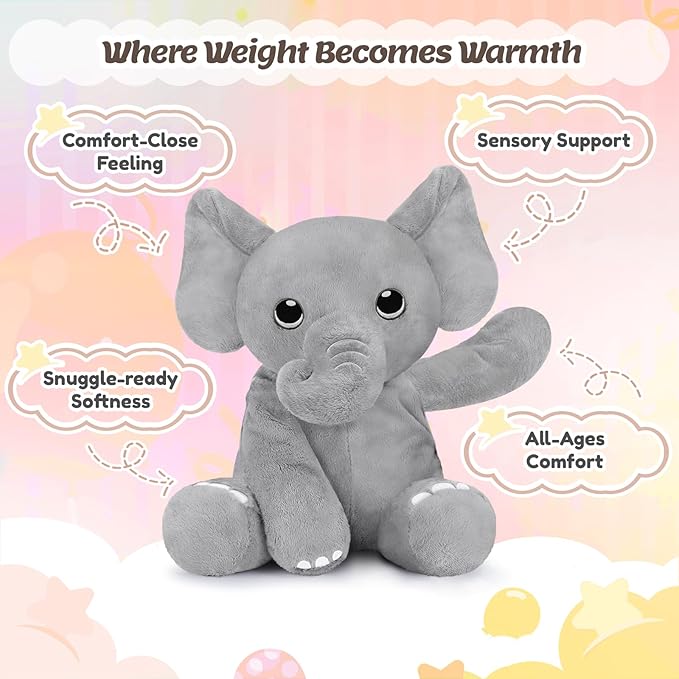 BRICHOEE 5lbs Weighted Elephant Stuffed Animals, 20'' Weighted Comfort Sensory Soothing Plush Toy, Cuddling Calming Cuddle Companion Gifts for Adults & Kids