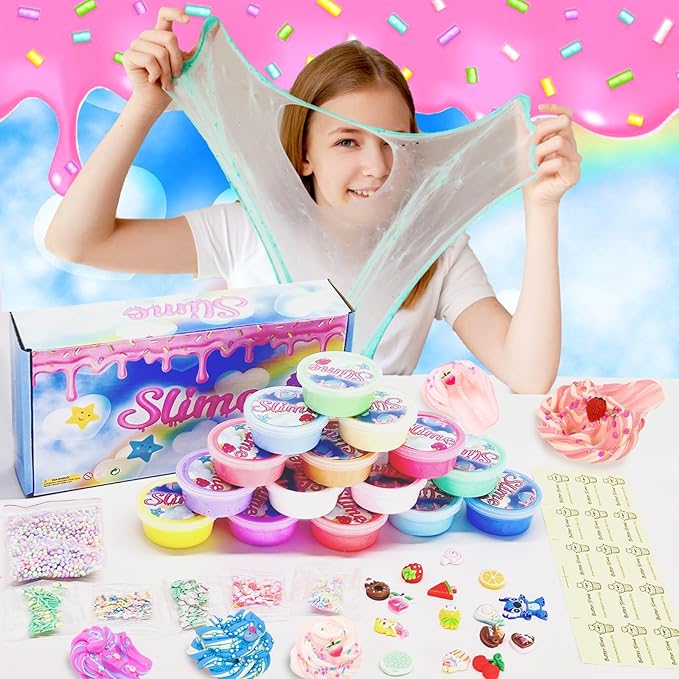KUALUDJIT12Pack Butter Slime Kit with Cake Charms Super Soft & Non-Sticky,Stress Relief Toy for Girls and Boys,Party Favors and Birthday Gift，Easter Basket Stuffers