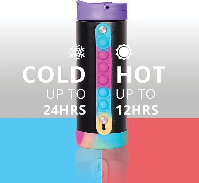 Elemental Iconic Kids Water Bottle for School - 100% Leak-Proof Insulated Water Bottles with Straw Lid & Pop-It Handle for Boys & Girls - Triple-Wall Insulated & BPA-Free, 14oz – Black Tie Dye