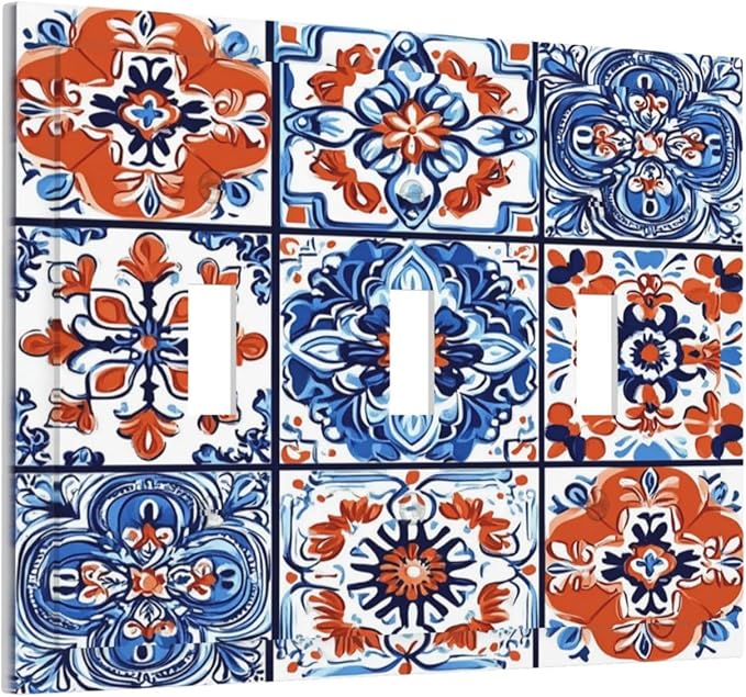 Decorative Switch Plates Colorful Talavera Mexican Tile 3 Gang Wall Plate Triple Toggle Light Switch Cover Faceplate Electrical Wall Panels For Bathroom Kitchen Decor