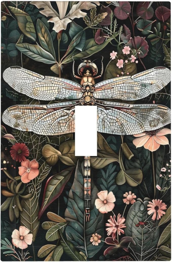 Vintage Dark Green Dragonfly Flowers Floral Botanical Decorative Light Switch Cover 1 Gang Single Toggle Device Electrical Faceplate Switchplates Decorator Outlet Wall Plate for Farmhouse Home Decor