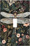 Vintage Dark Green Dragonfly Flowers Floral Botanical Decorative Light Switch Cover 1 Gang Single Toggle Device Electrical Faceplate Switchplates Decorator Outlet Wall Plate for Farmhouse Home Decor