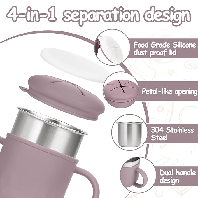 Toddler Snack Containers Stainless Steel Spill-Proof Snack Containers for Toddlers with Spill-Proof Silicone Lids and Handles 4-in-1 Baby Snack Cup is Dishwasher Safe for Easy use On The Go（Purple）