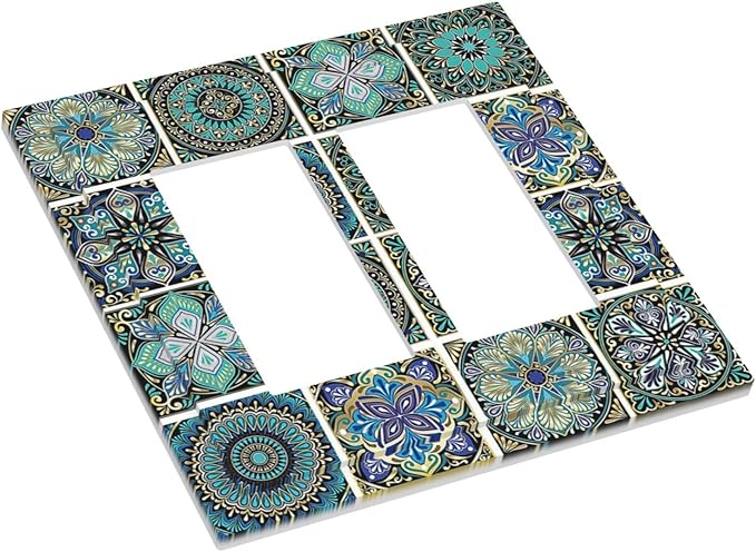 Decorative Outlet Covers Mandala Decorative Rustic Vintage Turquoise Pattern 2 Gang Double GFCI Rocker Electrical Wall Panels Light Switch Cover Plate for Bedroom Bathroom Decor