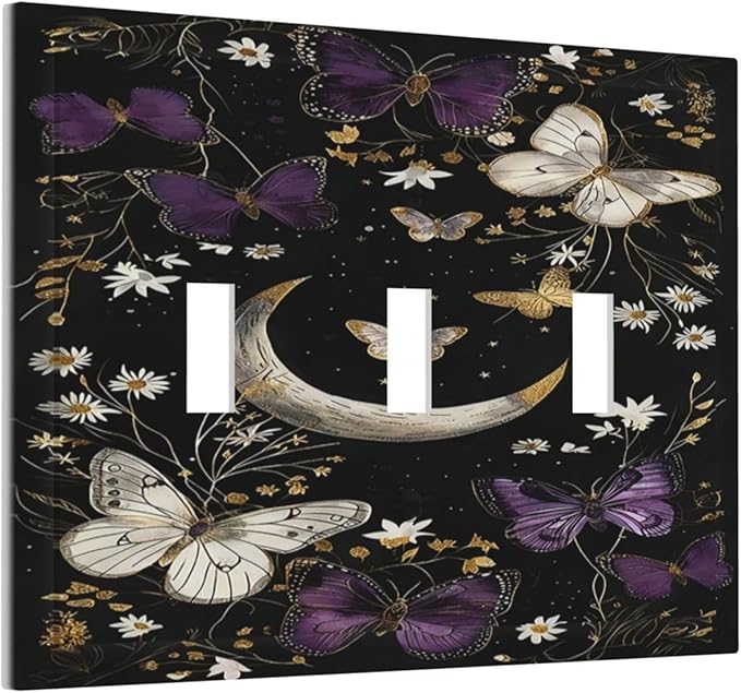 Decorative Light Switch Cover Plate Boho Crescent Moon Butterfly 3 Gang Wall Plate Triple Toggle Switch Plate Covers Electrical Outlet Cover for Bedroom Home Decor