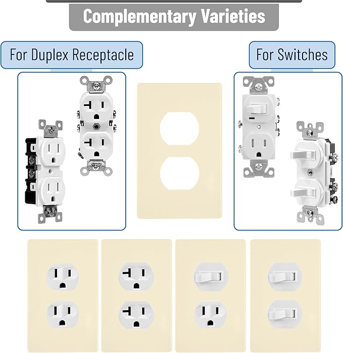 Bates- Screwless Duplex Wall Plate, 6 Pack, Light Almond, Electrical Outlet Cover Plates
