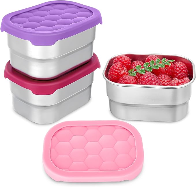 Gencywe 3 Pack Stainless Steel Snack Containers for Kids, 8 oz Easy Open Leak Proof Small Toddler Snack Containers with Silicone Lids, Stackable Metal Lunch Box for Daycare and School (Pink)