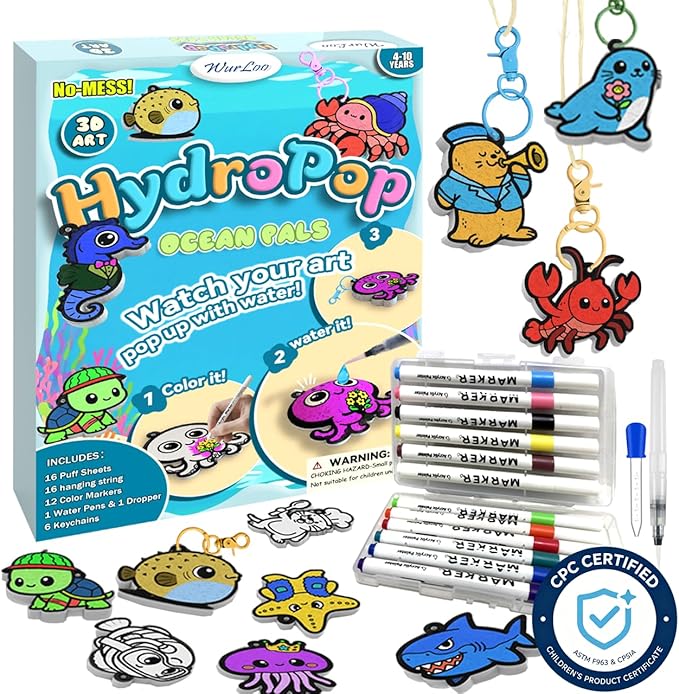 WurLoo 3D Art Kit - Aqua Puffs Ocean Panl,Mess-Free Craft for Kids, DIY Color & Inflate Activity, Travel Toys & Creative Gifts for Girls and Boyd Ages 4, 5, 6, 7, 8, 9, 10