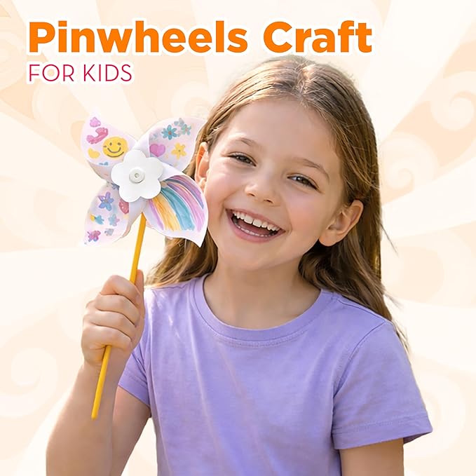 4E's Novelty 24 Pack DIY Pinwheels Craft for Kids, Bulk Summer Pinwheel Craft Kit, Color Your Own Paper Windmill for Pinwheels for Kids Bulk Spring Craft for Kids Easter Art Games