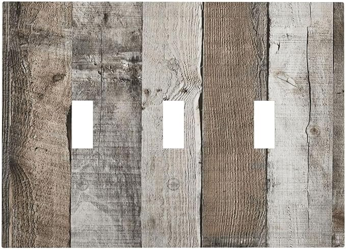 Natural Grey Wood Vintage Faux Wood Grain Decorative Switch Plates 3 Gang Wall Plate Triple Toggle Light Switch Cover Faceplate Electrical Wall Panels for Farmhouse Home Decor