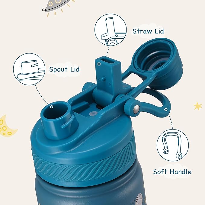 Fijinhom 12 oz Kids Water Bottle, 2-in-1 Stainless Steel Vacuum Insulated Water Bottle for Toddler, Leak Proof Spout & Straw, Double Wall Thermal Flask for Boys&Girls, School, Outdoor, Travel (Planet)