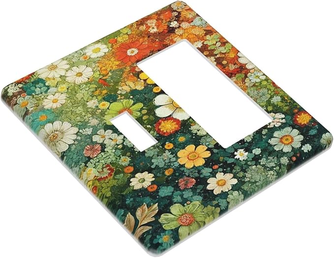 Light Switch Cover Plate Colorful Flowers Green Plants Meadow Floral 2 Gang Combo Wall Plates Toggle Rocker Decorative Switch Plates and Outlet Covers for Bathroom Bedroom Decor