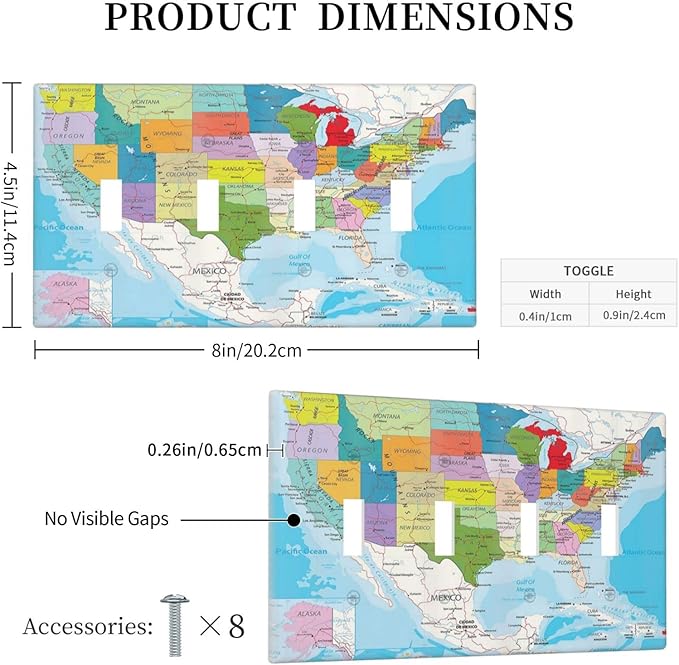 Igneinf USA Map 4 Gang Light Switch Cover Decorative Quad Toggle Wall Plate Decorative Electrical Faceplate for Kitchen Home Barn Farmhouse Decorate Large 8" x 4.5
