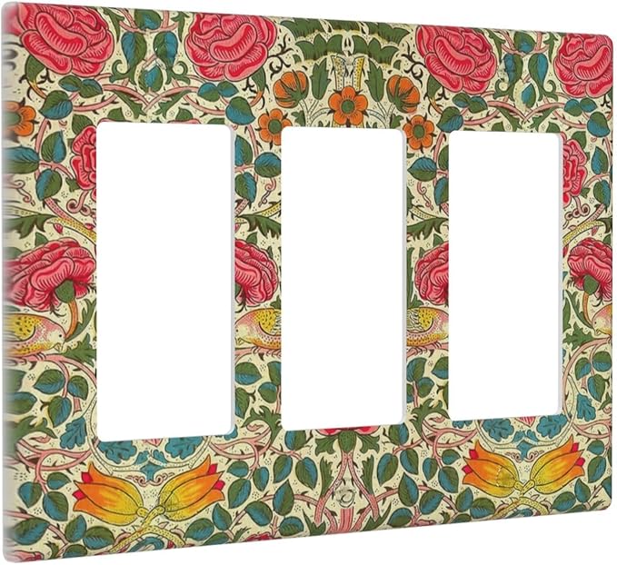 William Morris Roses Floral Triple Rocker Light Switch Cover VintageTulip Flower Plant Bird 3 Gang Rocker Outlet Covers Decorative Electrical Wall Plate for Country Bedroom Home Decor