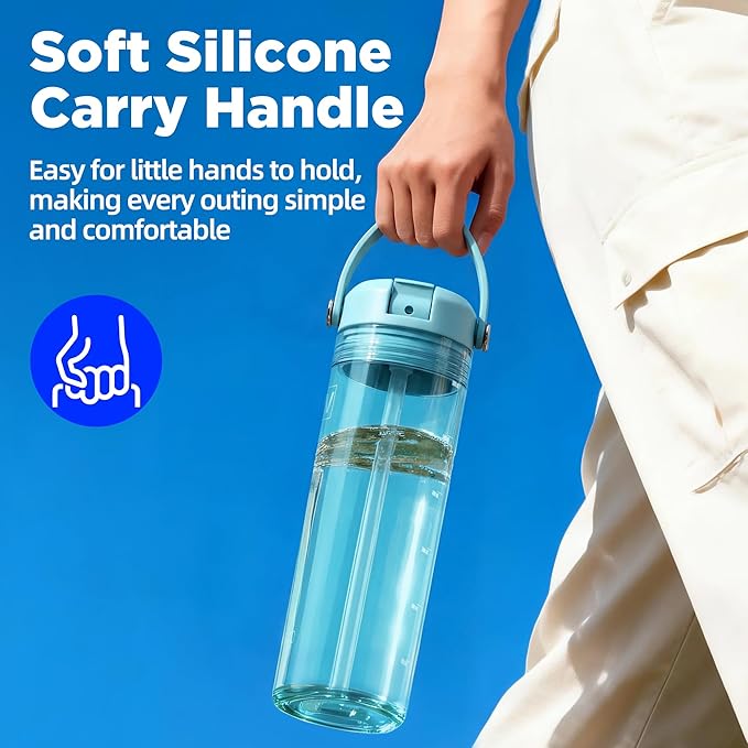 20oz Kids Water Bottle, BPA Free Thick Tritan Plastic Reusable, Clear Water Bottle with Straw, Leakproof Lid, Dishwasher Safe, Boy girl for School,Travel,Cool Mint Blue