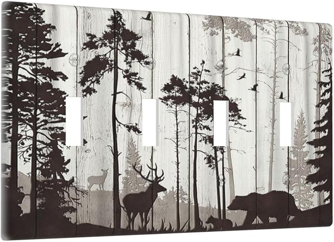 Light Switch Cover Rustic Deer Hunting Forest Woodland 4 Gang Switch Plate Quad Toggle Wall Plates Country Decorative Switchplate Electrical Outlet Cover Plates for Farmhouse Home Decor