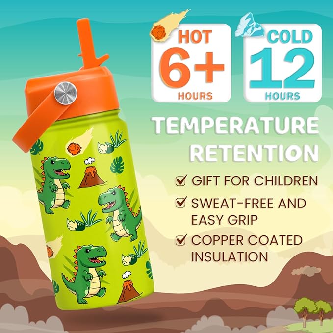 Dinosaur Water Bottle - Water Bottle with Straw Lid for Kids - 12 Oz Insulated Stainless Steel T-Rex Bottles for Kid Boys - Travel Cup for School Sports
