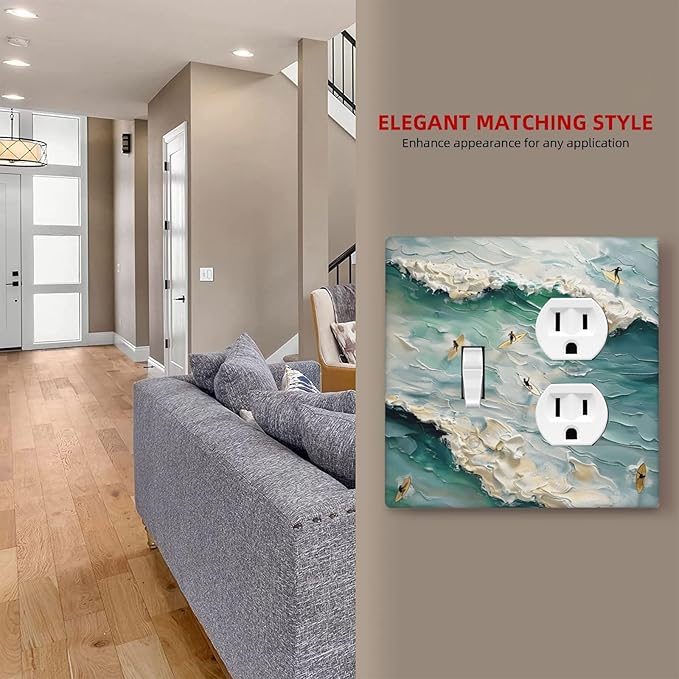 Beach Waves Ocean Surfing Hoverboard Painting Print Wallplates 1 Toggle 1 Duplex Switch Plate Electrical GFCI Faceplate Decorative Light Switch Covers for Bedroom Living Room Decor