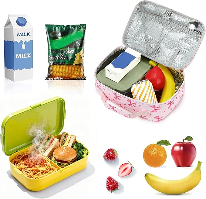 LOIDOU Lunch Box for Kids Boys Girls Insulated Lunch Bag Thermal Meal Tote Reusable Lunch Pail Bags for School Travel (Bow Tie Pink)