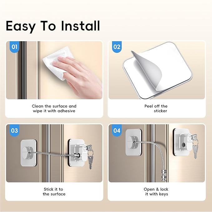 4 Pack Refrigerator Locks with Keys for Kids and Adults, Self Adhesive Child & Baby Proofing Fridge Latch for Double Door, French Door, Cabinets and Drawers, Oven, Windows (Patent)