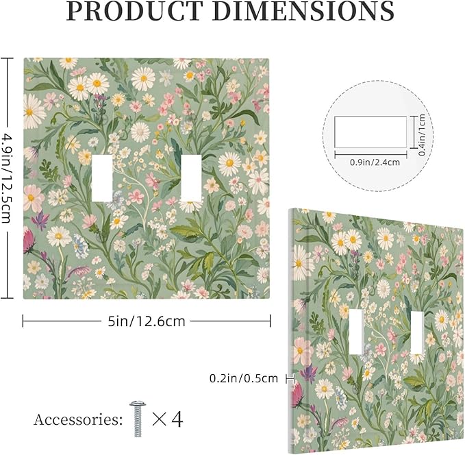 Decorative Switch Plate Cover with Vintage Wildflowers & Daisies on Light Green Background Design 2 Gang Wall Plate Unique Double Toggle Double Light Switch Covers