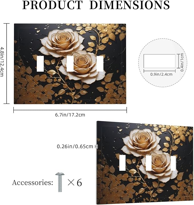 Decorative Light Switch Plate Covers Big Golden White Roses Glod Leaves Black Background 3 Gang Wall Plate Switch Cover Plate Triple Toggle Jumbo Electrical Faceplate for Home Decor