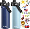 baab 18oz Kids Water Bottle, Insulated Kids Water Bottle with Lockable Spout Lid & Stickers, 18/8 Stainless Steel Vacuum Leakproof Kid Water Cup for Boy Girl School (Navy Blue+Light Blue, 2 Pack)