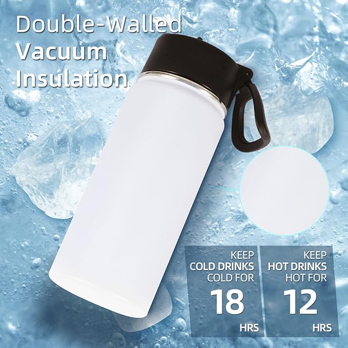 Volhoply Kids Insulated Water Bottle with Straw,16oz Stainless Steel Cold Water Bottles for School,BPA-Free Metal Wide Mouth Cups with Handle Lid,Reusable Double Wall Vacuum Sport Flask(White,1)
