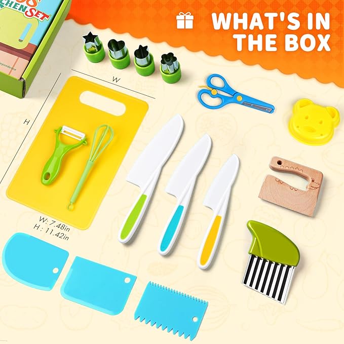 17PCS Montessori Toys Real Cooking Set for Kids Ages 3-6 - Kitchen Toys for Toddlers with Safe Knives, Cutting Board & Utensils - Learning Educational Pretend Play